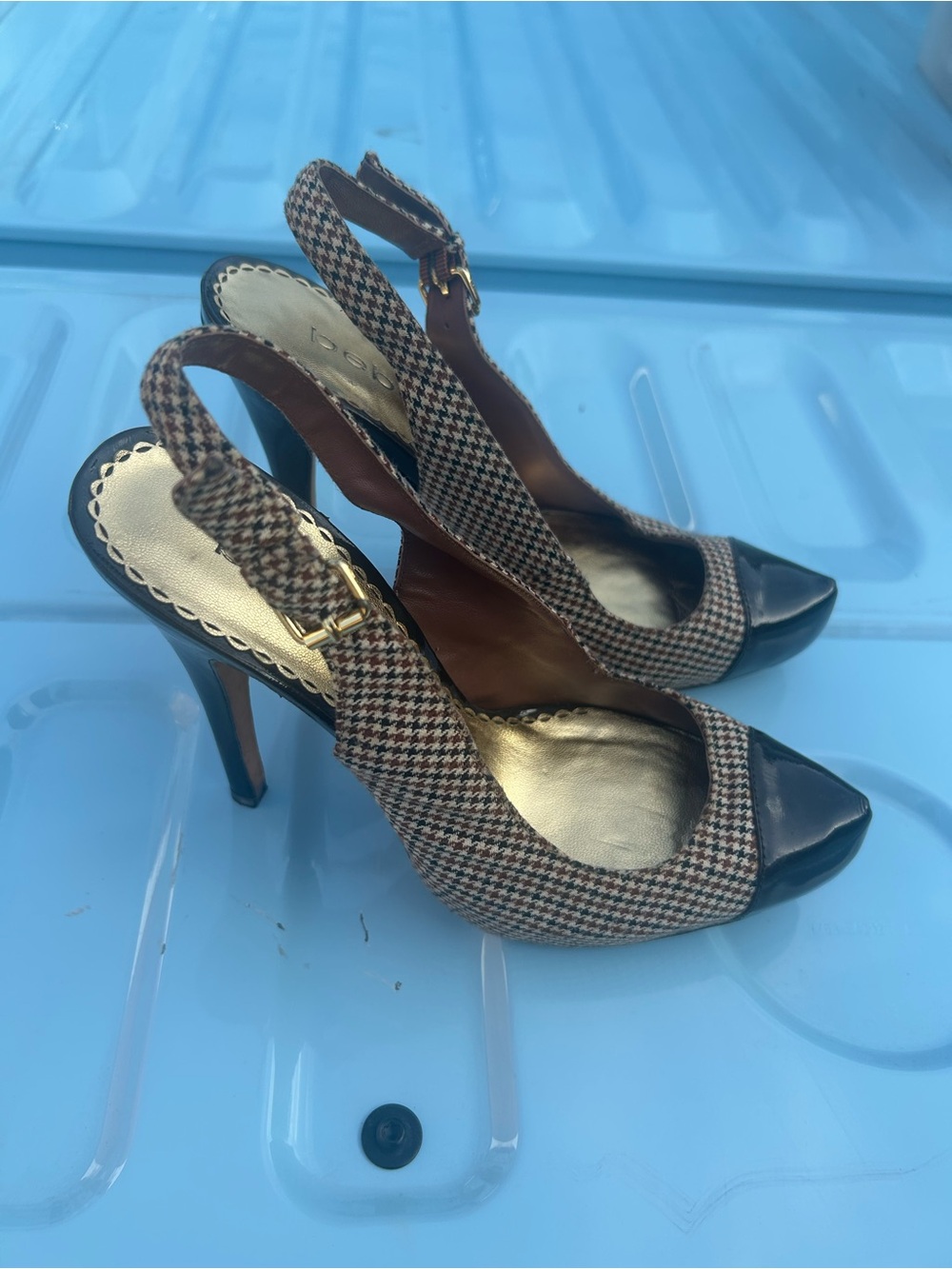 bebe Plaid Slingback Heels with Black Pointed Toe